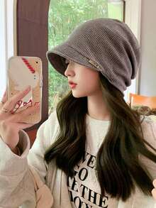 1 件裝女灰色純色和條紋毛帽適合冬季保暖、戶外活動、日常穿著和髮飾