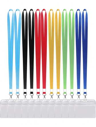 12pcs Badge Holder, Horizontal Badge Holder With Lanyard, Premium Clear Plastic ID Holders For Badges, Card Protector Waterproof For Work Badge Holder.(Assorted Rainbow 12 Colors) Back To School