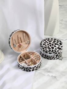 Fashionable Leopard Print Round Small Jewelry Box - Black and White - View 1
