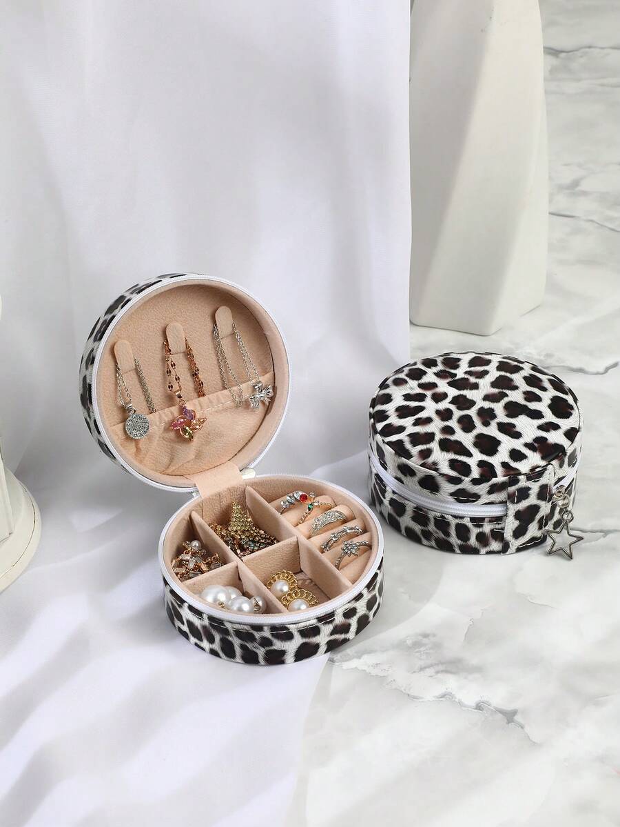 Fashionable Leopard Print Round Small Jewelry Box - Black and White - View 1