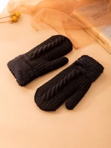 1 双可爱针织卡通图案手套女士冬季保暖毛绒加厚黑色 - 黑色 - 查看 4