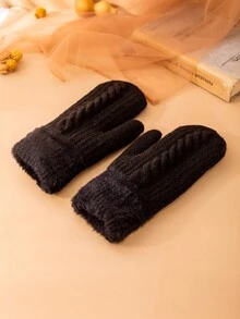 1 双可爱针织卡通图案手套女士冬季保暖毛绒加厚黑色 - 黑色 - 查看 3