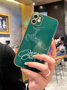 1個聖誕節英文雪花鹿深綠色直邊金邊電鍍手機殼,適用於iphone/samsung/xiaomi/redmi - 墨綠色 - 查看 2