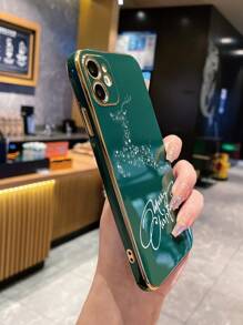 1個聖誕節英文雪花鹿深綠色直邊金邊電鍍手機殼,適用於iphone/samsung/xiaomi/redmi - 墨綠色 - 查看 4