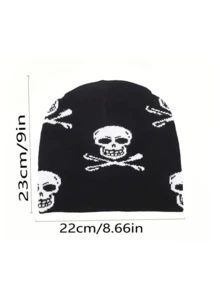 1 件男女通用骷髏針織帽,萬聖節戶外騎乘保暖無簷小便帽,附塗鴉細節,深色風格時尚壓克力羊毛帽