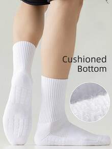 6雙防滑白色緩震運動襪,適用於尺寸37-43,透氣毛巾底中筒襪,適用於自行車,網球,高爾夫和籃球等運動