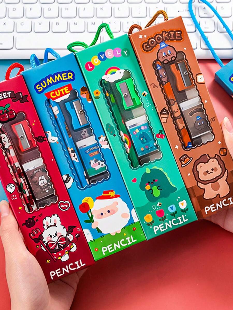 5pcs/set Cartoon Stationery Set, Including 1pc Multifunctional Pencil - Green - View 1