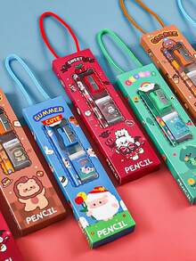 5pcs/set Cartoon Stationery Set, Including 1pc Multifunctional Pencil - Green - View 4