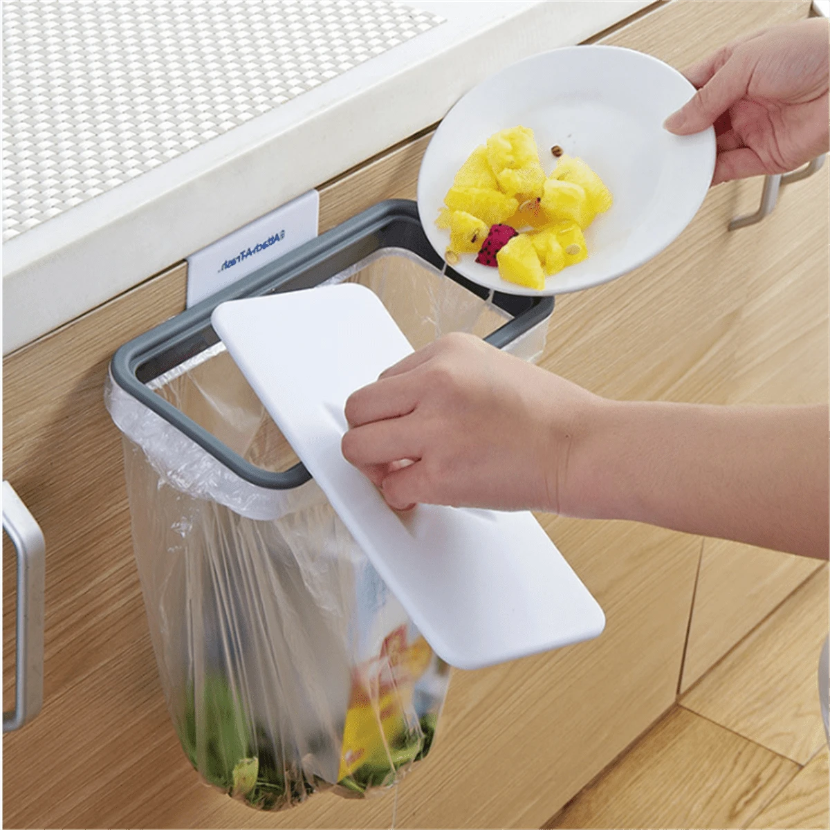 1pc Three Layers Covered Creative Kitchen Trash Can, Cabinet Door Hanging Garbage Rack - White - View 1