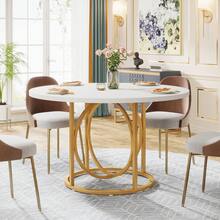 Tribesigns Modern Round Dining Table For 4, 47 Inch White Kitchen Table With Gold Base, Wood Dinner Table Coffee Table For Home Dining Room, Kitchen, Living Room, Apartment, Cafe, Decor Home Furniture - Trắng + Vàng - Xem 3