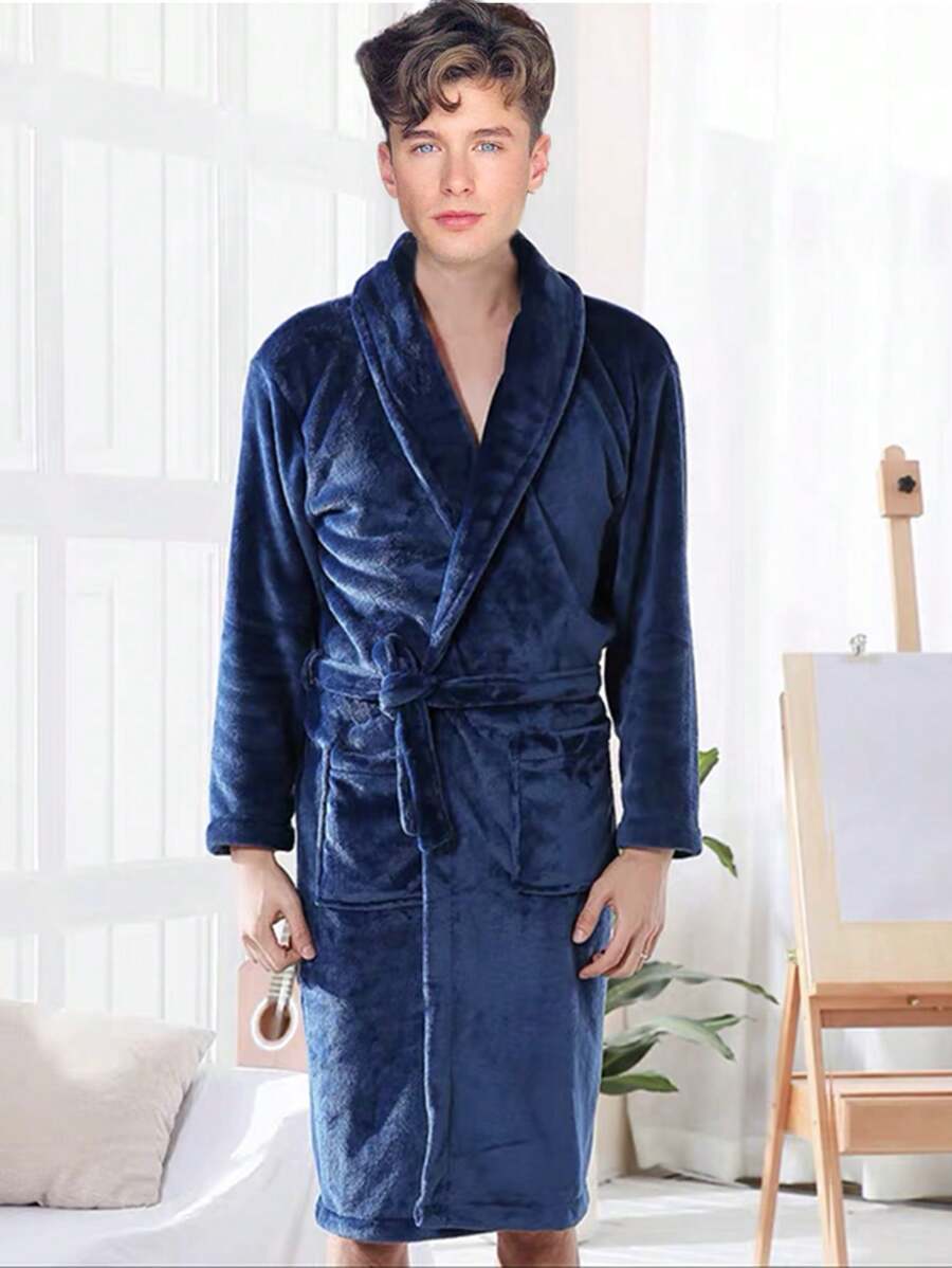 1pc Men's Long Robe Thickened Flannel Bathrobe For Home, Sleeping Wear - Navy Blue - View 1