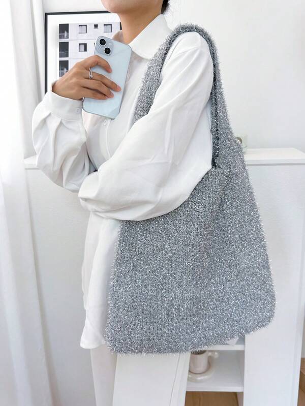 ENBEI Borsa a uncinetto leggera, portatile, alla moda e minimalista con dettagli lucidi, borsa da sera lavorata a maglia lucida, borsa a mano da donna lucida, borsa di lusso da donna, pochette da donna, adatta per feste, matrimoni, damigelle, gala, elegante per le donne, adatta per ragazze adolescenti, studentesse universitarie, lavoro, ufficio, regalo per la festa della mamma