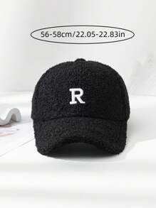 1pc Unisex Plush Baseball Cap With Letter R Decor, Adjustable Head Circumference, Warm Hat For Daily Use - Black - View 2