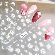 Adhesivo 5d Para Decoración De Uñas Con Corona De Flores En Relieve, Espiga De Arroz, Flor, Rama, Hoja Verde, Corazón, Burbuja Azul, Letras En Inglés - Blanco - Ver 5