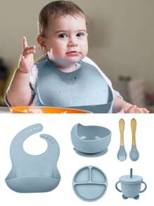 Set 5pcs Kit Para Comida Para Bebés Babero Cuenco De Silicona Cubiertos