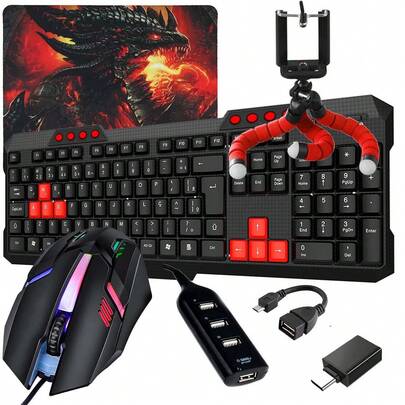 Kit Mobilador Gamer Teclado Teclas Vermelhas Mouse MousePad Speed HUB OTG Tripe
