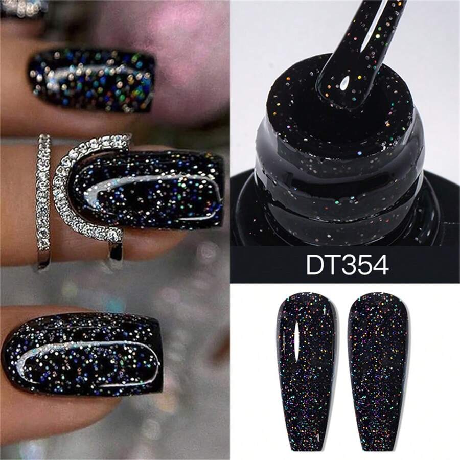 MEET ACROSS 7ml Y2K Aesthetic Glitter Nail Polish, Black, Semi-Permanent, Rhinestone Pigment, Shiny Rainbow Glitter, Removable UV/LED Gel, Suitable For Parties, Carnivals, Holidays Nails - màu đen - Xem 1