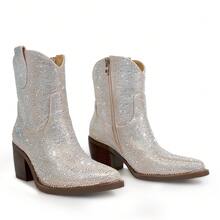 WETKISS Ankle Cowboy Boots For Women, With Rhinestone Design, Chunky Heel And Side Zipper, Comfortable And Stylish - Rượu sâm banh - Xem 5