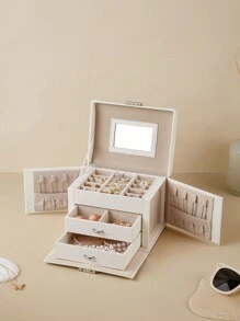 SONGMICS Schmuckkästchen 3 Ebenen, Schmuckkasten mit Griff, 2 Schubladen, Schmuckschatulle mit Spiegel, Schloss, Schmuckaufbewahrung für Reisen, modern, Geschenkidee - Weiss - Übersicht 1