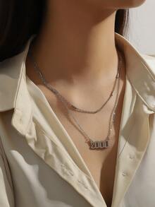 2入組時尚不鏽鋼生肖數字吊墜項鍊,女士生日禮物套裝 - 銀色 - 查看 3