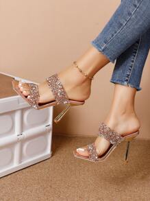 時尚高跟女式涼鞋，超級亮麗的鑽石涼鞋 - 玫瑰金 - 查看 5