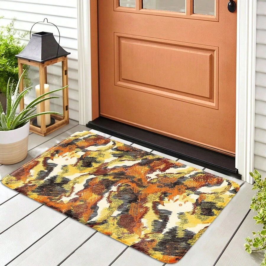 1pc Orange-yellow Geometric Pattern Modern Abstract Art Printed Polyester Fiber Absorbent Non-slip Mat, Suitable For Kitchen, Garden Ground Decoration, Entrance Doormat, Bathroom Mat - Orange - View 1