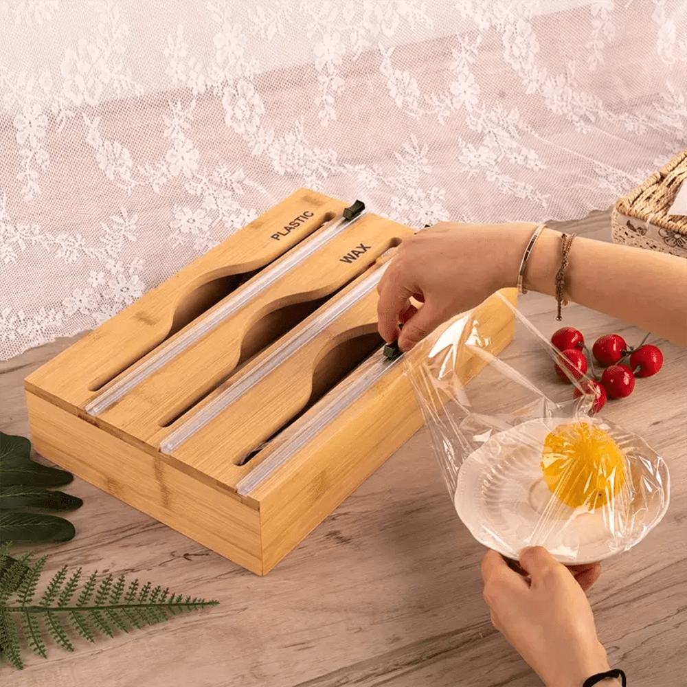 1pc 33.5*21.9*7cm Bamboo Plastic Wrap Dispenser, Aluminum Foil And