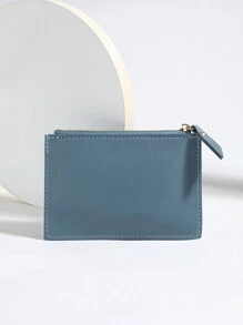 Minimalist Fold Small Wallet Women's Short Wallet, Solid Colour PU Mini Coin Purse, Cute Credit Card - Blue - View 2