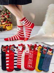 6pairs/pack Women's Cute Christmas Socks In Random Red Colors With Comfortable & Breathable Middle Tube - Multicolor - View 1