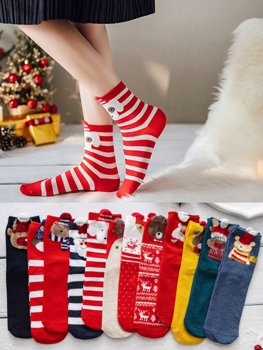 6pairs/pack Women's Cute Christmas Socks In Random Red Colors With Comfortable & Breathable Middle Tube - Multicolor - View 1