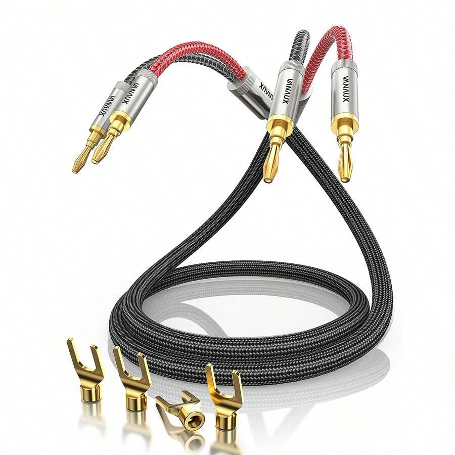 Vanaux 高品質重錦編制揚聲器線纜,雙金鍍香蕉插頭和鍬形插頭尖端 - 無氧銅 - 黑與白 - 查看 1