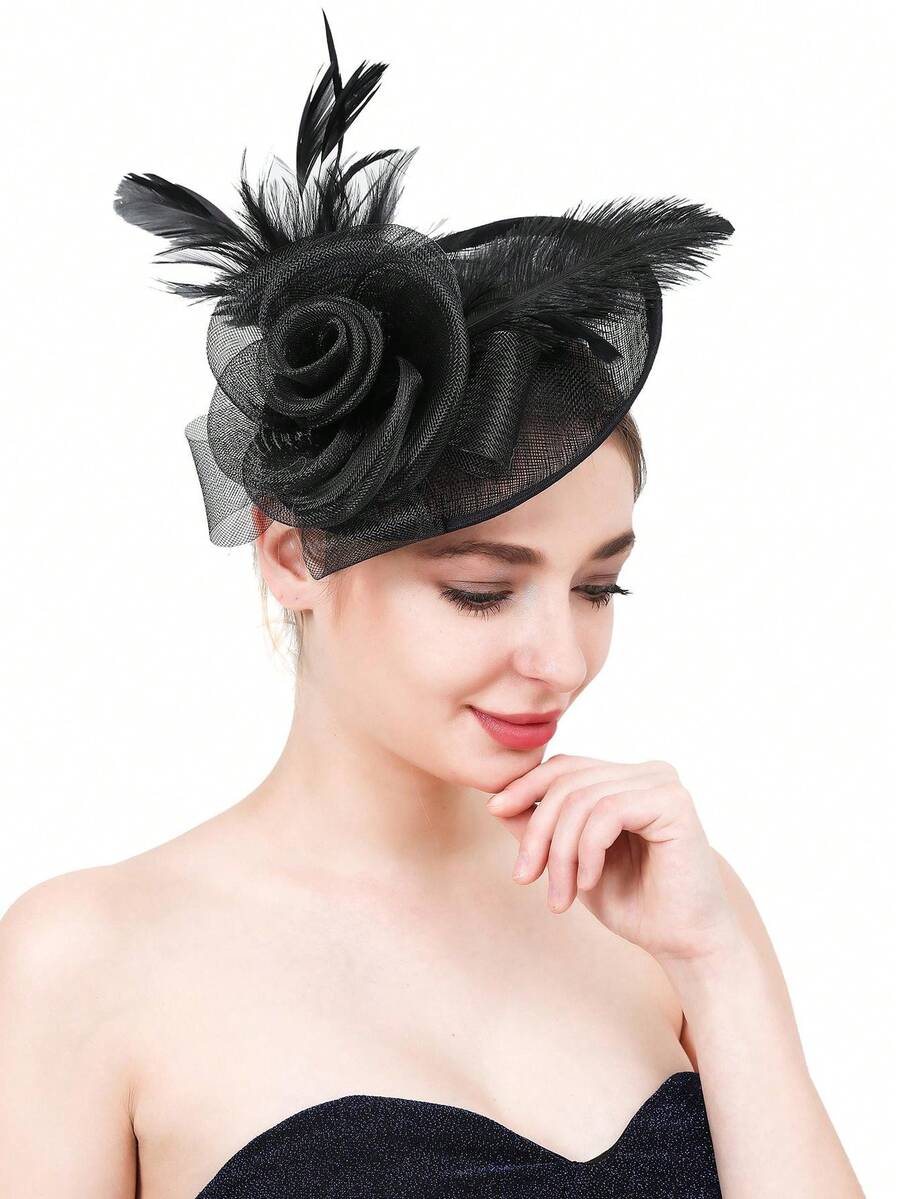 黑色羽毛头饰，由羽毛夹和发箍组成，非常适合鸡尾酒会、狂欢节、海滩和日常佩戴——适合所有季节。