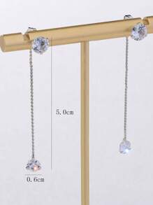 1pair Simple Rhinestone Inlaid Front And Back Wearing Long Versatile Personalized Earrings - Silver - View 3