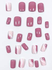 24pcs Simple Stripe & Solid Color Short Square False Nails For Nail Art Decoration - Multicolor - View 3