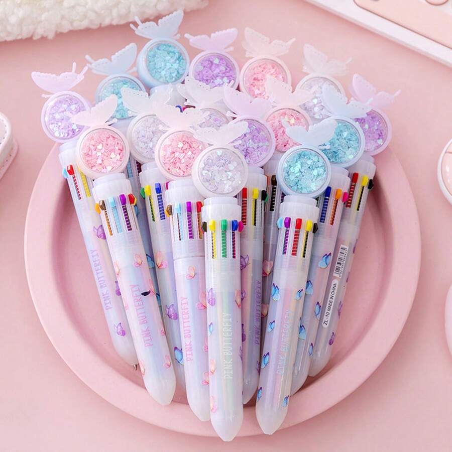 2pcs Random Sparkly Butterfly Design Ballpoint Pens, Cute & Creative Click Pen With Multiple Colors - Multicolor - View 1