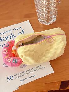 1入組泡芙造型格紋布質毛絨收納袋，大容量筆盒，可愛的文具化妝旅行生日週年紀念情人節禮物