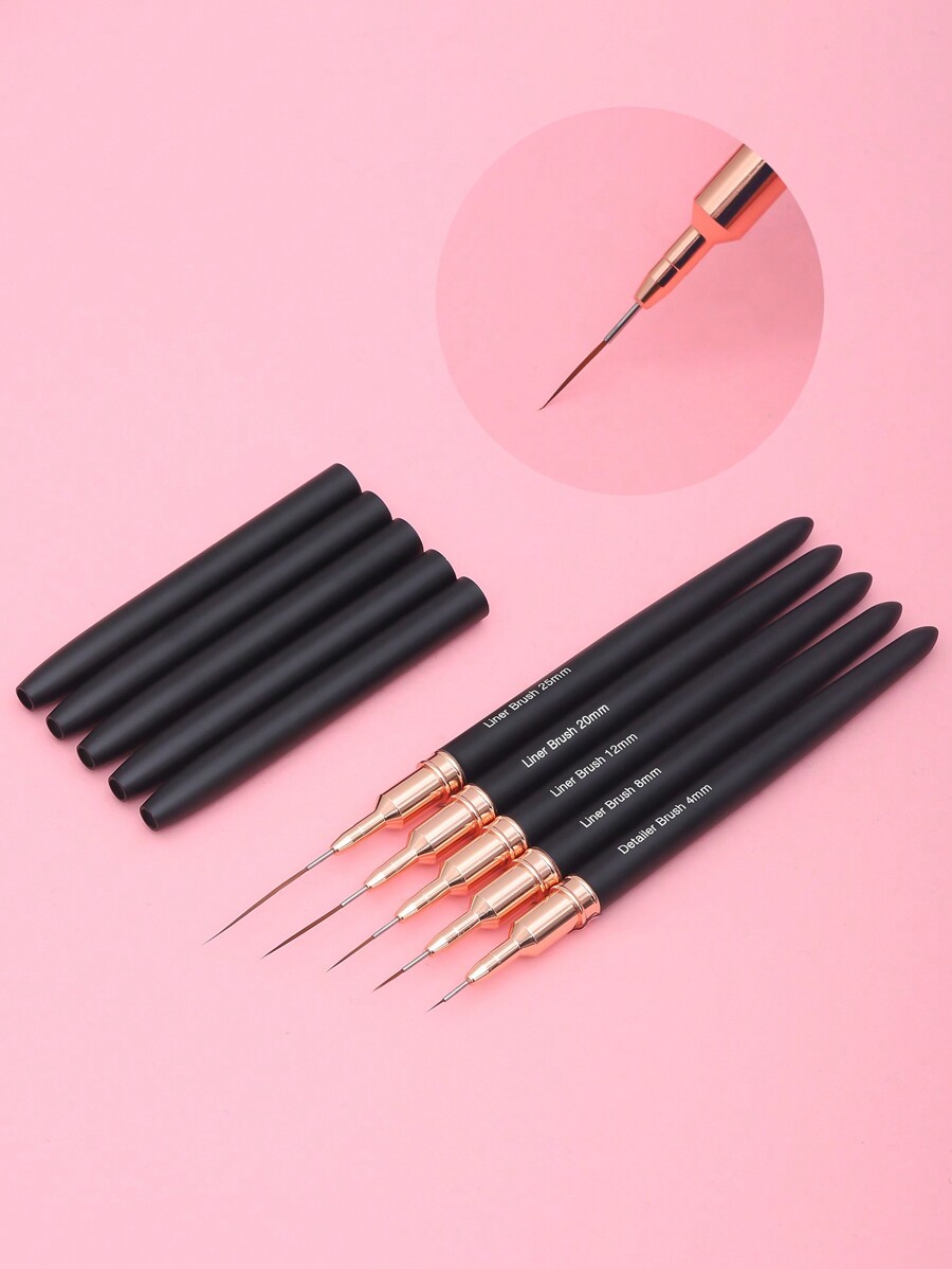 5Pcs/Set Black Metal Handle Nail Art Striping Brush Nail Design Brushes