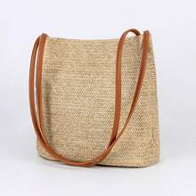 1PC 户外运动休闲包 木珠流苏编织包 单肩包 草编包 新款一体式水桶包 旅行包 沙滩包 手提包 女包