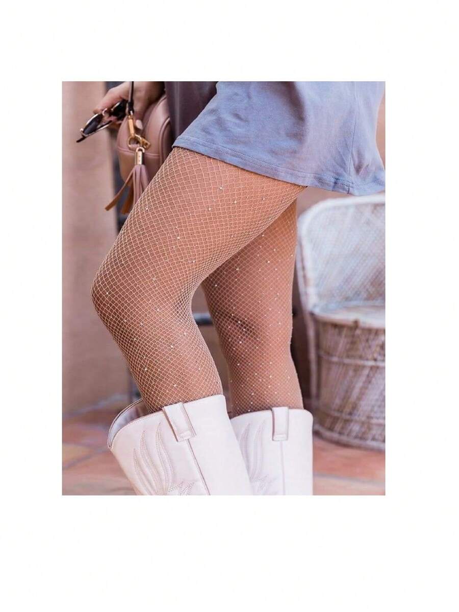 Nude Women's Shiny Fishnet Tights High Waist Rhinestone Tights Glitter Pantyhose Women's Mesh Tights - 駝色 - 查看 1