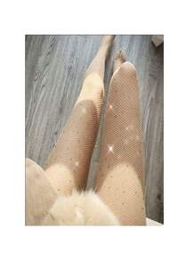 Nude Women's Shiny Fishnet Tights High Waist Rhinestone Tights Glitter Pantyhose Women's Mesh Tights - 駝色 - 查看 5