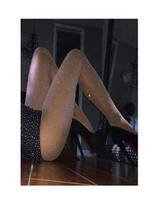 Nude Women's Shiny Fishnet Tights High Waist Rhinestone Tights Glitter Pantyhose Women's Mesh Tights - 駝色 - 查看 3