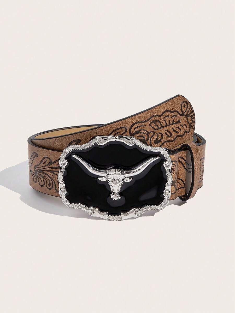 1 Thắt lưng nữ cao bồi phương Tây dành cho nữ có khóa cổ điển & Dây đeo in hình, thích hợp để đeo hàng ngày - màu nâu - Xem 1