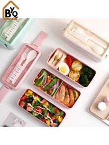 BYQ Bento Lunch Box For Adults Stackable 3 In 1 Compartment Wheat Straw Meal Prep Containers Lunch Box With Spoon And Fork 900ml - Pink - View 2