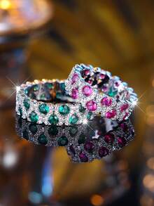 1入組豪華和精美充分圓形方晶鋯石鑲嵌圓環,優雅和大氣的首飾類適合女士,完美適合派對和婚禮,合適的作為伴娘禮物