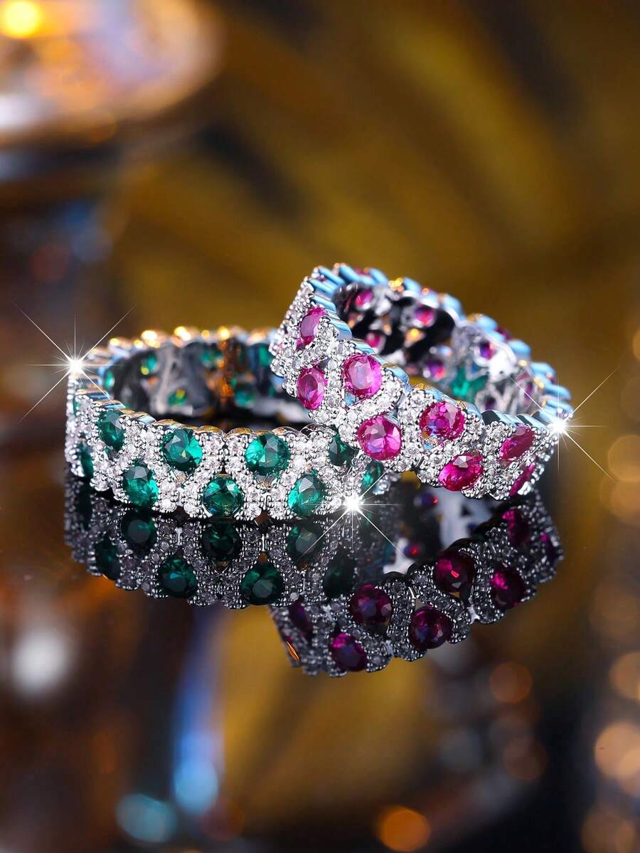 1入組豪華和精美充分圓形方晶鋯石鑲嵌圓環,優雅和大氣的首飾類適合女士,完美適合派對和婚禮,合適的作為伴娘禮物