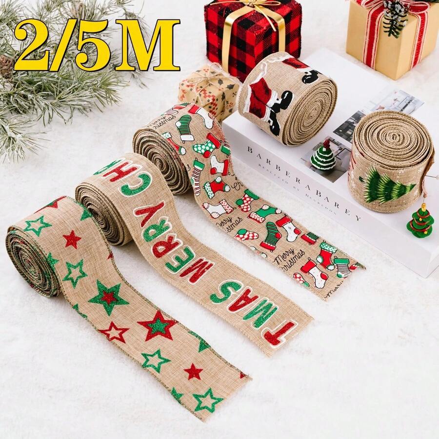 Christmas Decoration Ribbon: Creative Christmas Burlap Printed Satin Ribbon For Christmas Tree, Gift Box Decoration - Christmas tree - View 1