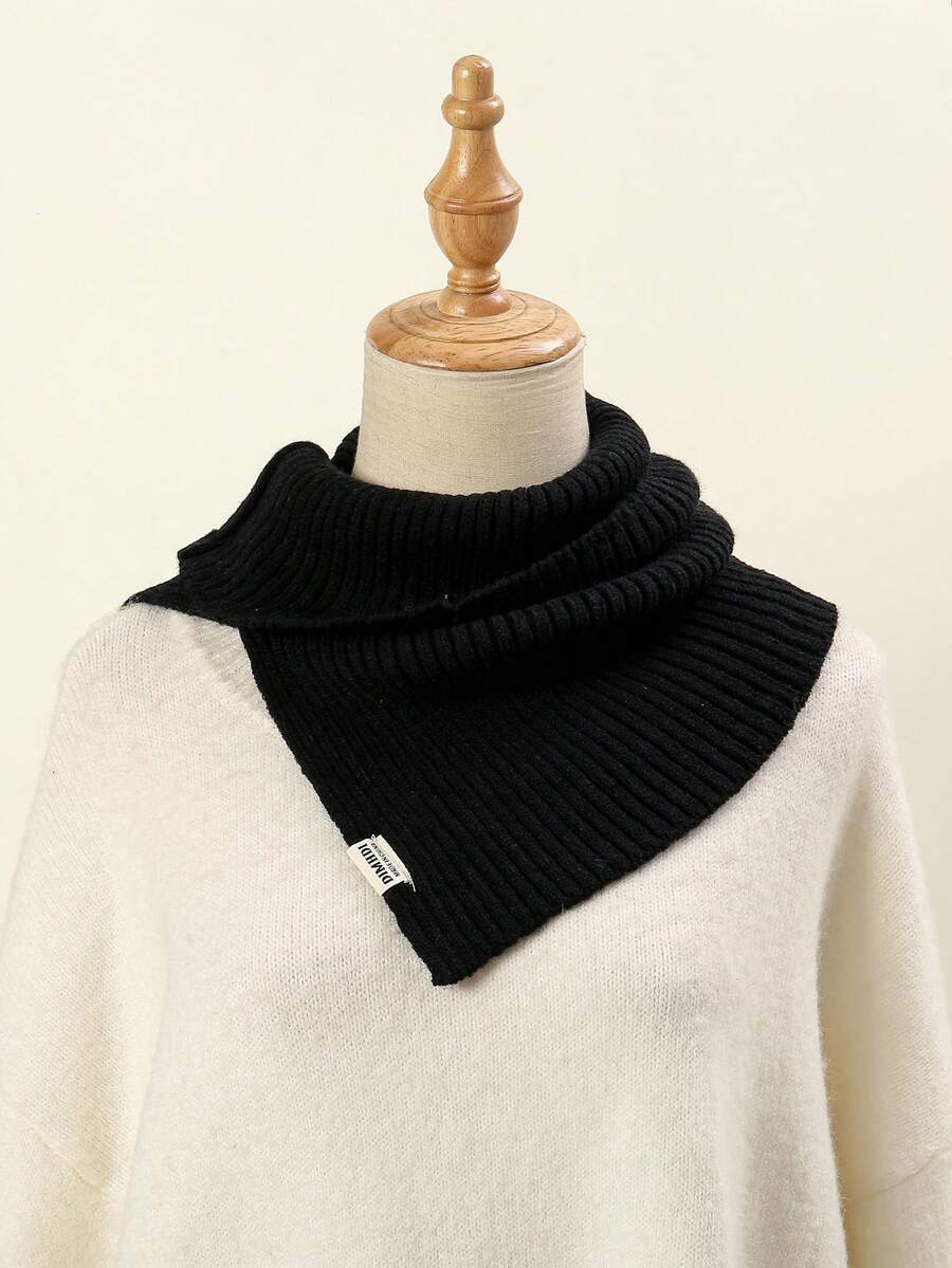 1 Pieza Bufanda De Punto A Rayas De Color Liso Para Mujer, Accesorio Versátil Y Elegante - Negro - Ver 1