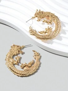 1對夸張的金色龍型厚圈耳環,適用於女性派對日常夜店飾品 - 金色 - 查看 1