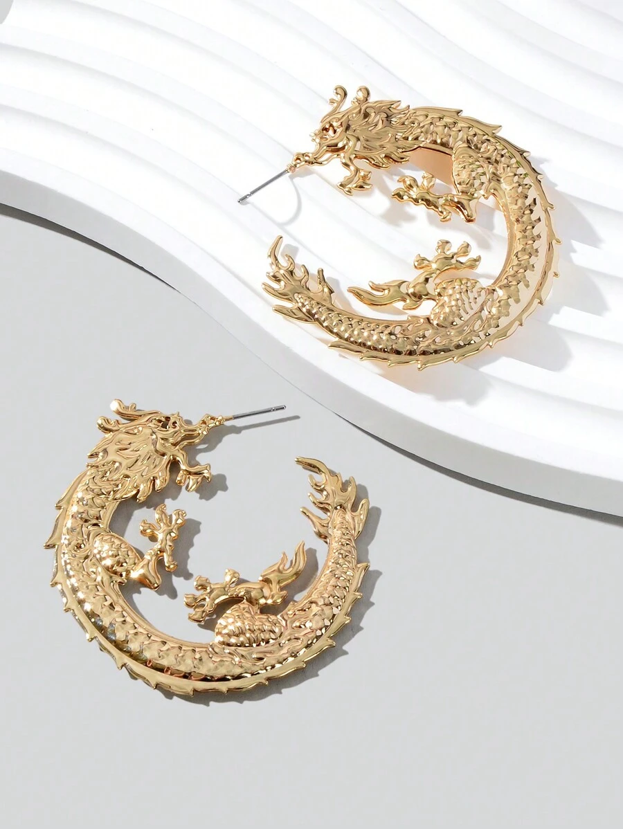 1對夸張的金色龍型厚圈耳環,適用於女性派對日常夜店飾品 - 金色 - 查看 1