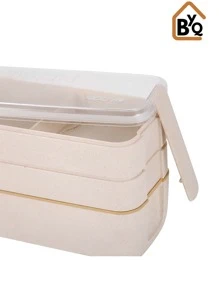 BYQ Bento Lunch Box For Adults Stackable 3 In 1 Compartment Wheat Straw Meal Prep Containers Lunch Box With Spoon And Fork 900ml - Beige - View 4
